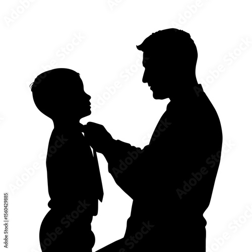 Father adjusting tie on son in silhouette against white background  