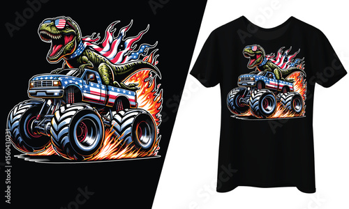 Patriotic Dinosaur Riding Monster Truck, 4th of July, T-Shirt Design.