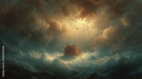 Noah's Ark Surviving Cataclysmic Flood, Wooden Vessel with Returning Dove, Divine Light Piercing Storm Clouds, Dramatic Seascape Oil Painting Masterpiece