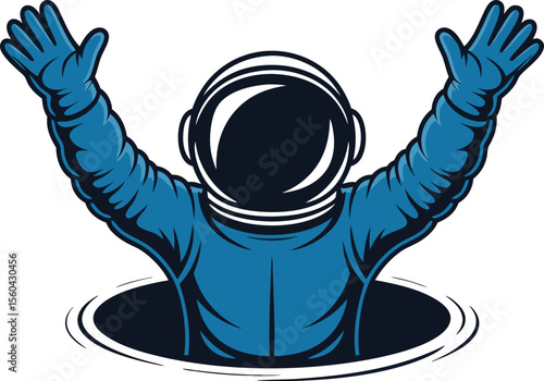An astronaut emerges from a hole with arms raised isolated on white background