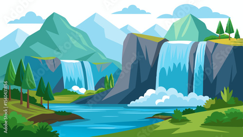 Majestic mountain landscape with cascading waterfalls and lush green scenery