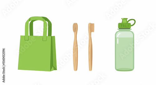 Eco-friendly lifestyle essentials: reusable shopping bag, bamboo toothbrushes, and water bottle.