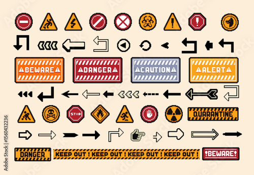 Set of the danger and attention signs, pixel icons. 8 bit pixel button set. Collection isolated vector illustrations