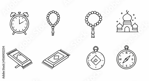 Simple line art icons representing Islamic culture and religious practices.