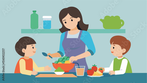 A mom refusing to buy her children the latest dietfriendly snacks and instead filling their lunch boxes with nutritious and satisfying options.. Vector illustration