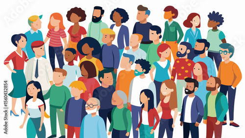 Diverse group of cartoon people standing together in a crowd illustration