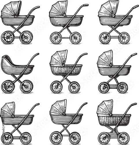 Hand-drawn vintage baby strollers in retro style, arranged in a clean linear composition
