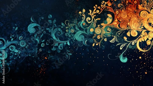 Elegant abstract floral pattern with gold and turquoise flourishes on dark backdrop