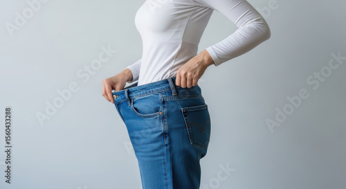 A woman demonstrates significant weight loss by holding up her oversized jeans, symbolizing diet success.