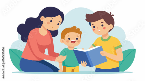A parent reading a childrens book with their child pointing out the stereotypical gender roles portrayed in the illustrations and discussing the importance of critical thinking.. Vector illustration