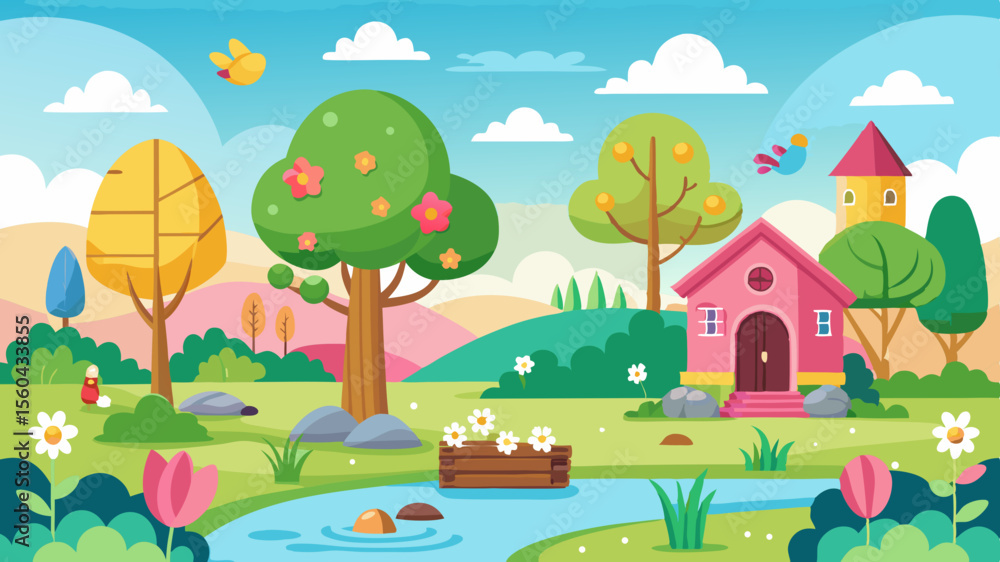 Fototapeta premium Charming cartoon landscape with a pink house river trees and flowers