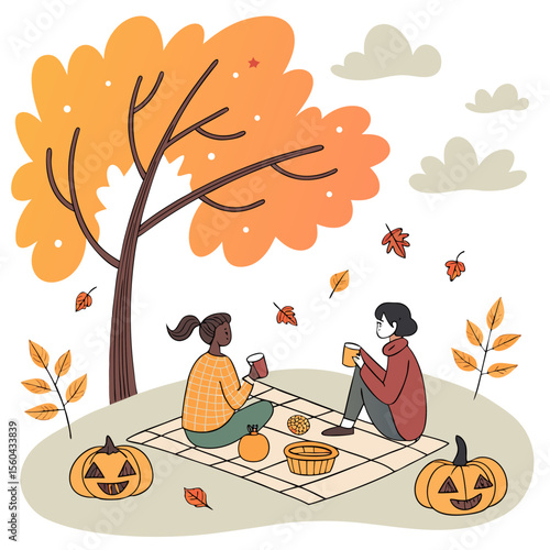 Two women having a fall picnic with pumpkins and falling leaves under a tree with orange foliage outdoors