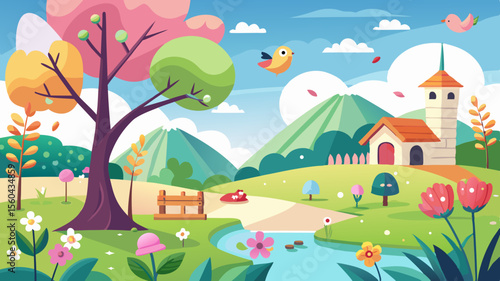 Charming spring landscape with a quaint village rolling hills a flowing stream and colorful blooming flowers