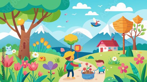 Two children planting flowers in a vibrant spring landscape with mountains and a cute blue cat