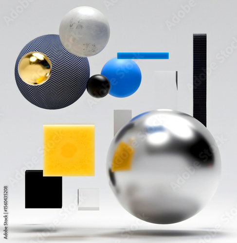 3d render of abstract art with surreal big and small geometry figures as sphere, ball, square boxes, flying in a random way inside a big invisible cube on a light grey background