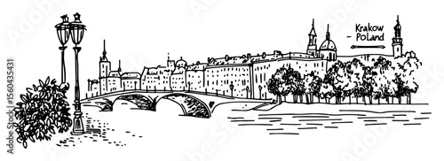 krakow skyline with bridge and river – black and white vector drawing