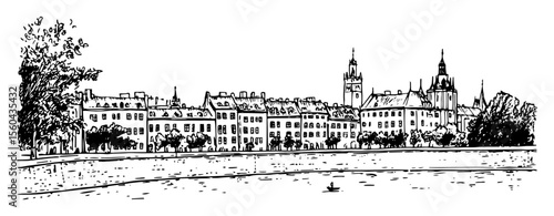 krakow panoramic skyline with historic architecture – black and white vector