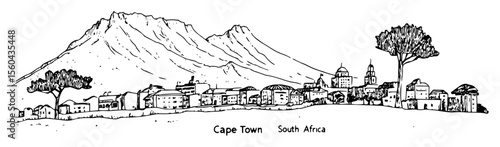 cape town skyline with table mountain – black and white outline vector