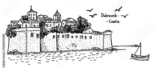 dubrovnik old town fortress vector illustration in hand-drawn style