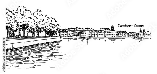 copenhagen waterfront cityscape sketch in black and white