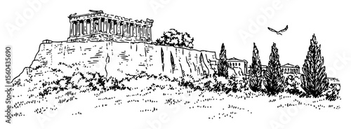 athens acropolis hill vector sketch in outline style