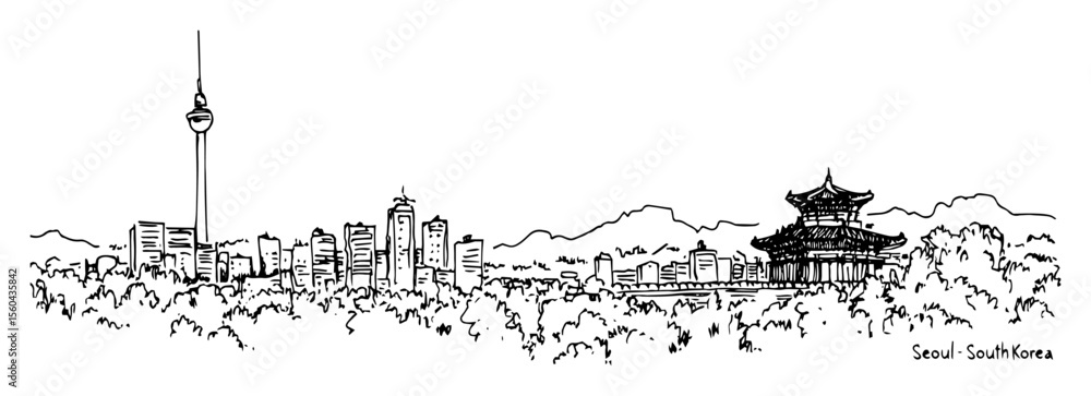 Obraz premium seoul skyline with palace and tower vector drawing