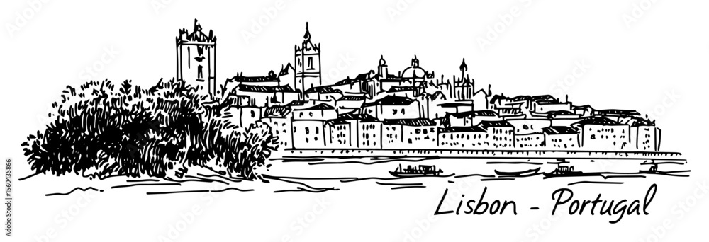 Obraz premium lisbon riverside skyline view vector sketch