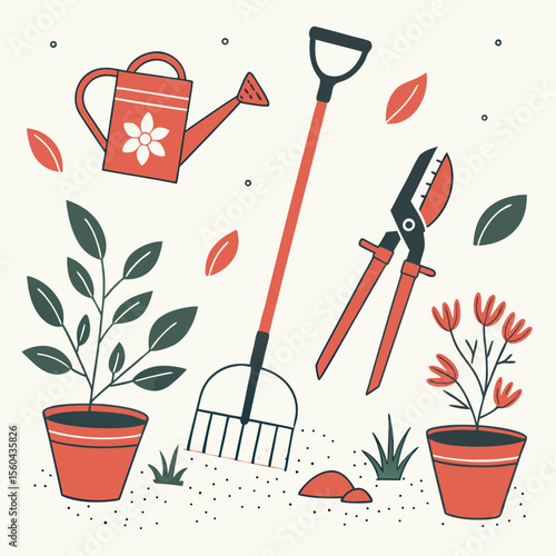 Illustrated gardening tools and plants composition with a modern flat design