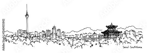 seoul skyline with palace and tower vector drawing