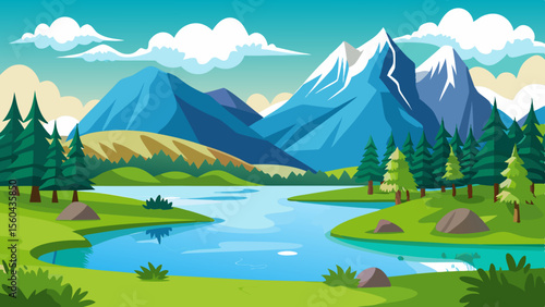 Vibrant cartoon landscape featuring snow capped mountains a clear blue lake lush green hills and pine trees under a cloudy sky