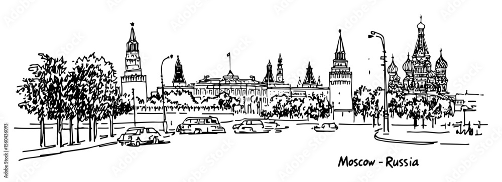Fototapeta premium moscow red square and kremlin skyline vector sketch