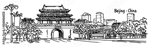 beijing traditional gate and skyline vector illustration