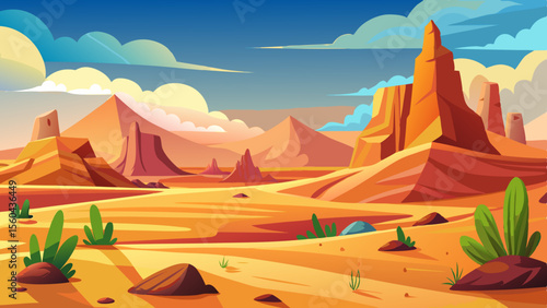Vibrant cartoon desert landscape with towering rock formations and sparse green vegetation under a bright blue sky