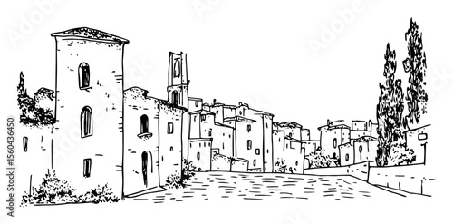 mediterranean village street view vector sketch