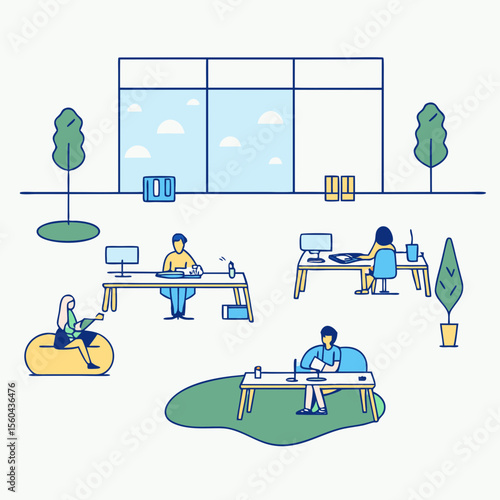 Modern office environment illustration depicting people working at desks with transparency