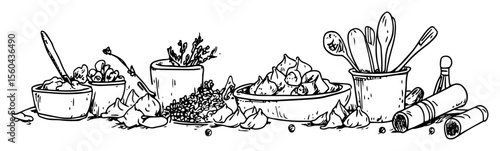 herbs and spices cooking ingredients vector drawing