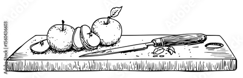 apple cutting board with knife vector food sketch