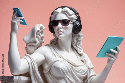 Marble statue dressed in modern accessories listens to music with digital devices in a contemporary setting