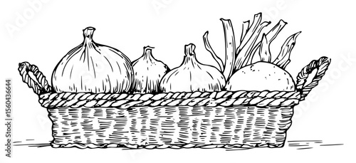onions and leeks in straw basket vector illustration