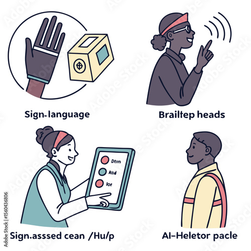 Illustrations depicting sign language braille technology and assistive communication methods shown