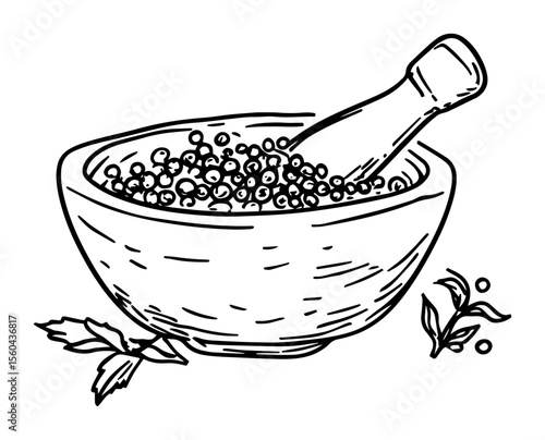 mortar and pestle with herbs vector food drawing
