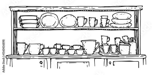 rustic cupboard with plates and cups vector drawing