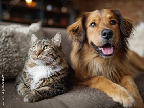 Two pets, a cat and a dog, relaxing together on a sofa in a cozy living room 