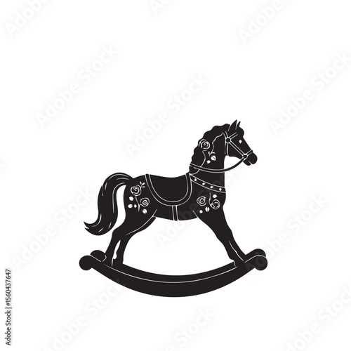 Black silhouette of a vintage rocking horse with clouds and decorative floral elements, vector style, minimal background