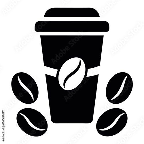 Black Coffee Cup Silhouette with Coffee Bean Design and Coffee Beans Around It