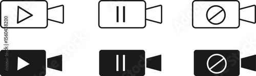 Video Camera Icon Set – Play, Pause, and Block Symbols in Black and Outline Styles – Minimal Media Control Buttons for UI, App Design, Streaming, and Web Interface Graphics
