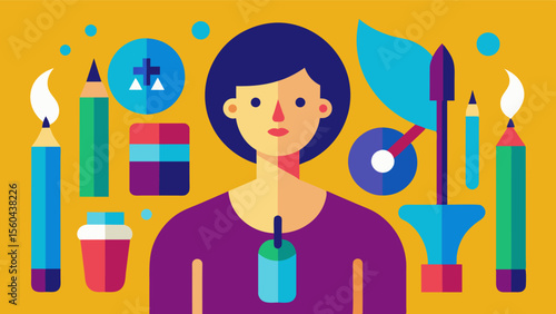 A person surrounded by different art supplies such as paintbrushes pencils and markers each one representing a different type of artistic expression. This emphasizes the importance. Vector