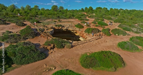 Aerial view of Benagil Cave, viewed through the circular cliff-top hole Algarve, Portugal