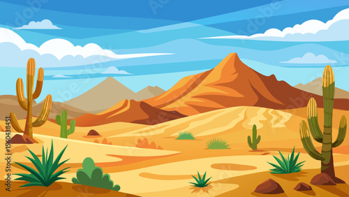 Vibrant cartoon desert landscape with saguaro cacti agave plants sand dunes and mountains under a blue sky with clouds