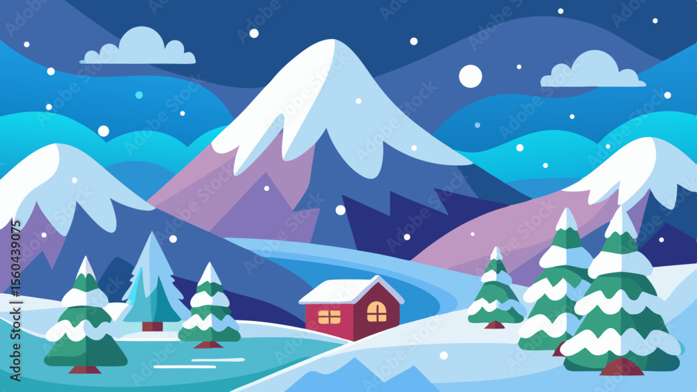 Cozy red cabin nestled in a snowy mountain landscape with pine trees and falling snowflakes under a twilight sky Cozy red cabin nestled in a snowy mountain landscape with pine trees and falling snowflakes under a twilight sky